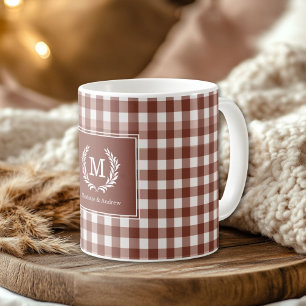 Caneca De Café Brown Gingham Monographic Crest Personalizado