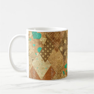 Caneca De Café Brown Grunge Quilt Stars Hearts