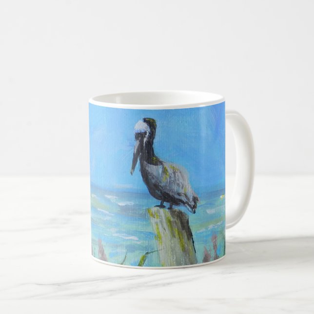 Caneca De Café Brown Pelican tira tempo da pintura de pássaro acr (Frente Esquerda)