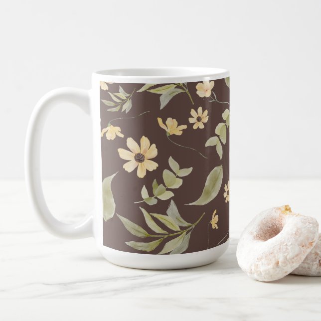 Caneca De Café Brrown Fantasia Floral Retro  (Com Donut)