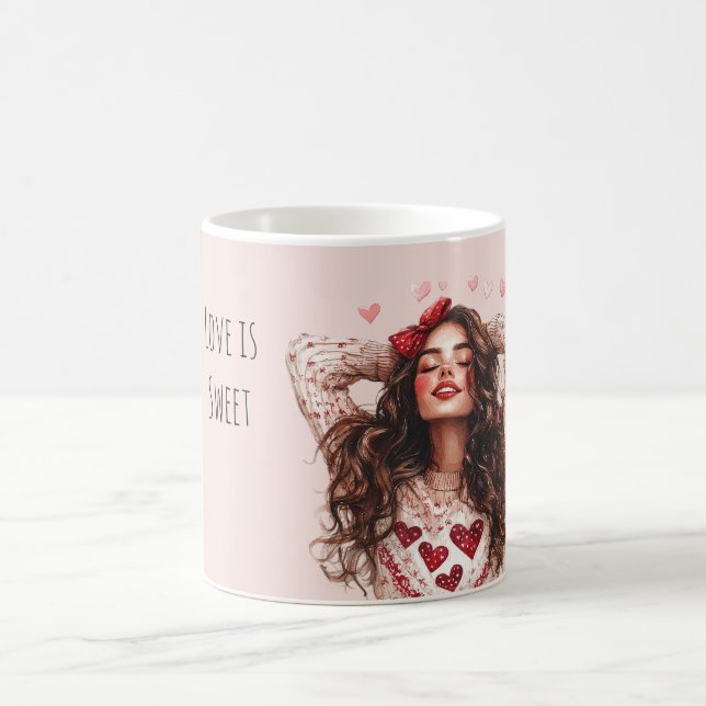 Caneca De Café Brunette Girl Red Hearts Valentine's Day Love (Centro)