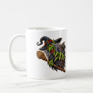 Caneca De Café BRUXA ASSUSTADORA com Vassoura e Gato Preto