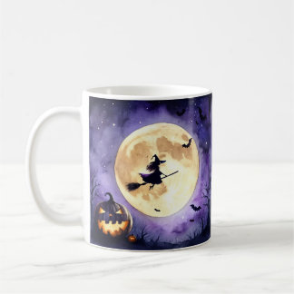 Caneca De Café Bruxa Assustadora de Halloween Voando Sobre a Lua