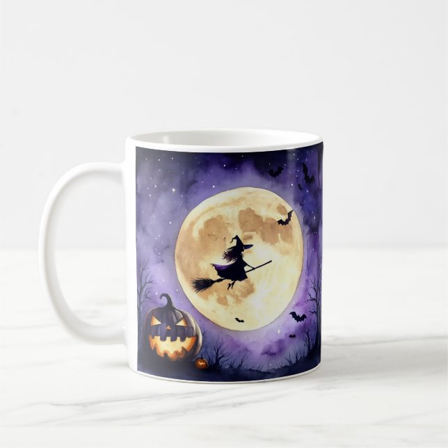 Caneca De Café Bruxa Assustadora de Halloween Voando Sobre a Lua  (Esquerda)