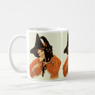 Caneca De Café Bruxa Bonita Vintage com Gato Preto Fofo