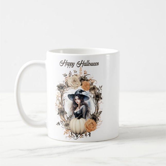 Caneca De Café Bruxa bonito no Halloween Wreath (Esquerda)