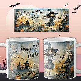 Caneca De Café Bruxa Branca de Halloween, Nome Personalizado