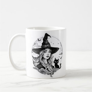 Caneca De Café Bruxa com um Gato e uma Coruja - Diversão para Fãs