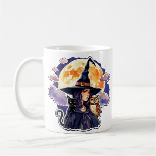 Caneca De Café Bruxa com um Gato e uma Coruja - Diversão para Fãs