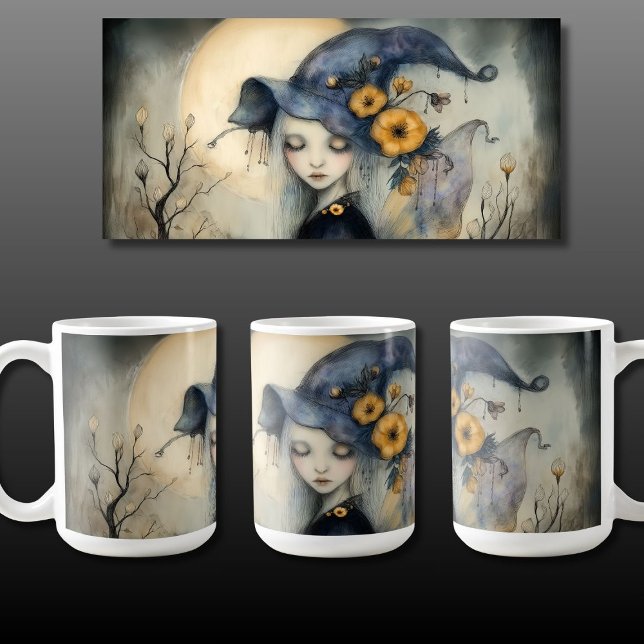 Caneca De Café Bruxa da Lua do Halloween Whimsical com Asas (Criador carregado)