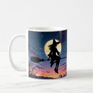 Caneca De Café Bruxa de Animo na Broom Mug - Halloween assustador