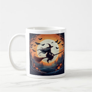 Caneca De Café Bruxa de Broomstick com morcegos