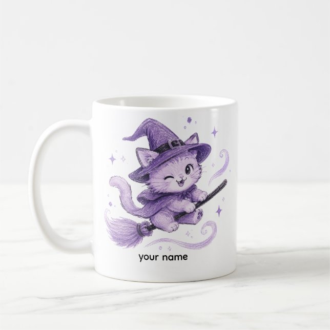 Caneca De Café Bruxa Gata Roxa Fofa em Vasso de Vassoura de Hallo (Esquerda)