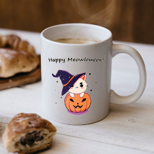 Caneca De Café Bruxa Gatinho Kawaii Adorável na Abóbora de Hallow