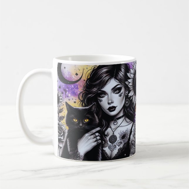 Caneca De Café Bruxa Gótica Celestial e Gato Negro (Esquerda)