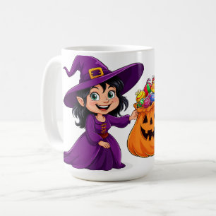 Caneca De Café Bruxa Pequena Fofa Com Saco De Doces De Abóbora No
