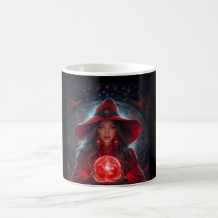 Caneca De Café Bruxa Vermelha Com Bola De Cristal E Fundo Incríve