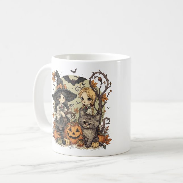Caneca De Café Bruxinhas Kawaii com Gatinho e Abóboras  (Frente Esquerda)