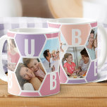 Caneca De Café Bubbe 5 Fotografias Editáveis 5 Letras Honeycomb<br><div class="desc">Caneca de café de mel, personalizada com 5 de suas fotos favoritas e impressa com 5 letras, como BUBBE. A design apresenta uma colagem de fotos em favos de mel em uma paleta colorida de sorvete de verão de rosa lilás e pêssego. Se quiser alterar as cores, clique em "personalizar...</div>