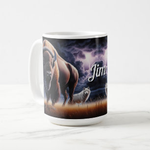 Caneca De Café Búfalo e Lobo em uma Tempestade com Relâmpagos