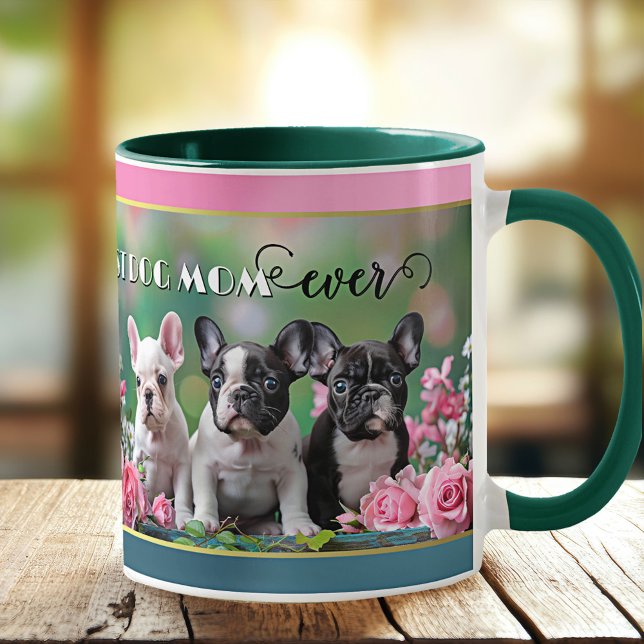 Caneca De Café Buldogue francês Lover (Mug featuring a painting of 3 French Bulldogs with pink roses. A great gift for a dog mom.)
