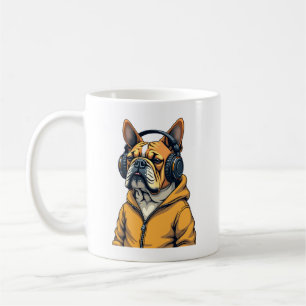 Caneca De Café Bulldog Antigo de Headphones Vestindo Capuz Música