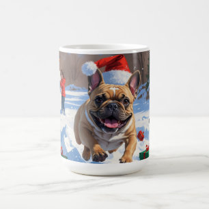 Caneca De Café Bulldog Francês Correndo na Neve com Chapéu de Nat