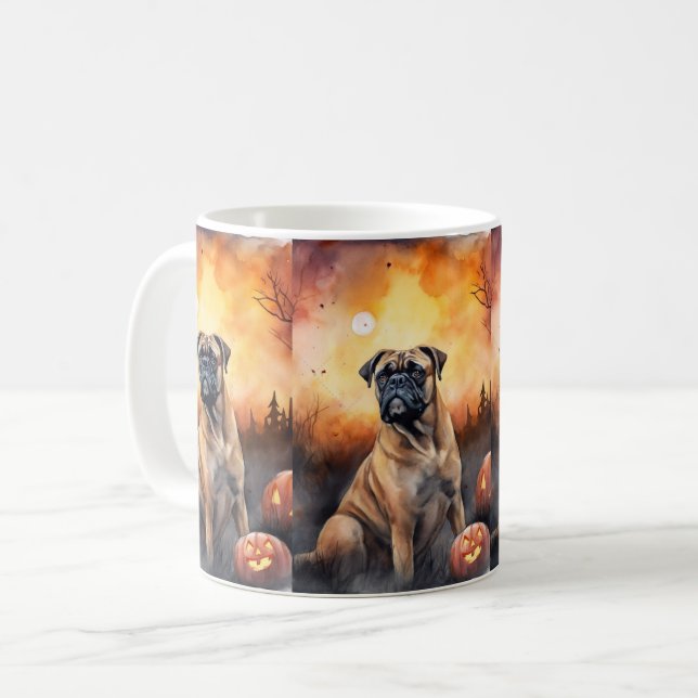 Caneca De Café Bullmastiff de Halloween com Abóboras Assustadoras (Frente Esquerda)