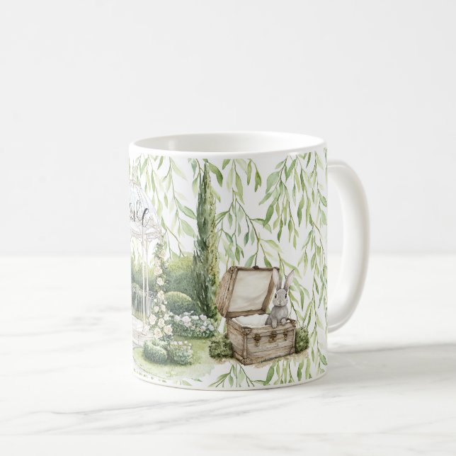 Caneca De Café Bunny in Chest Green Leaves Floral (Frente Esquerda)