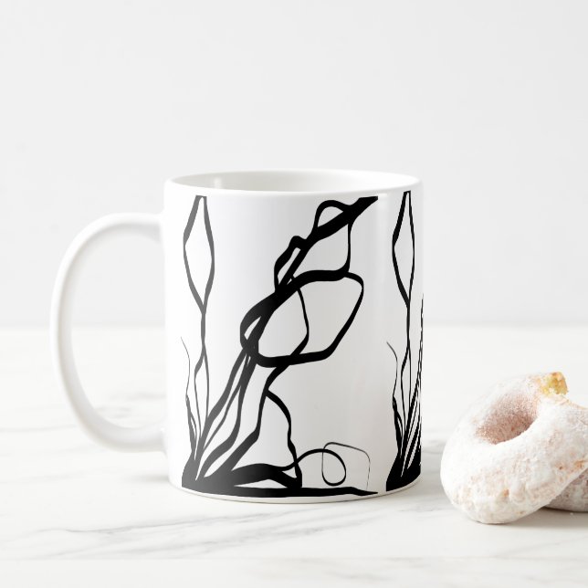 Caneca De Café Buquê Blanc: Abstrato branco e preto (Com Donut)