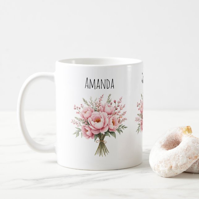 Caneca De Café Buquê de Flores de Peônia Rosa Bonita (Com Donut)