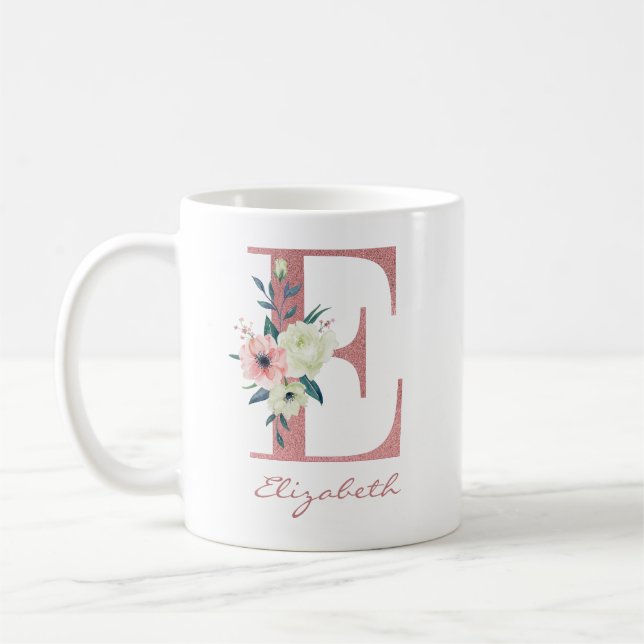 Caneca De Café Buquê de Flores Elegantes Letra E Rosa e Marfim (Esquerda)