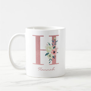 Caneca De Café Buquê de Flores Elegantes Letra H Rosa e Marfim