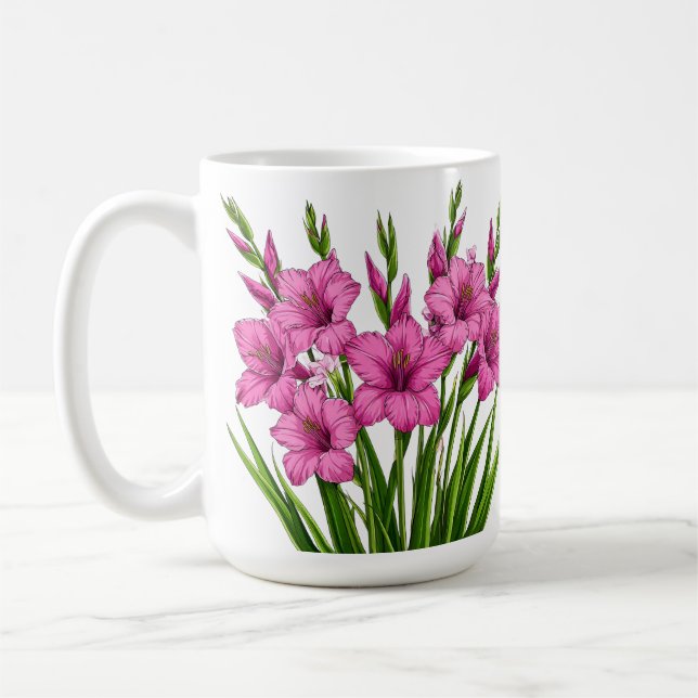 Caneca De Café Buquê de Gladíolo Rosa Vibrante com Folhagem Verde (Esquerda)