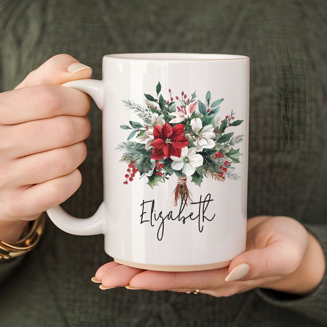 Caneca De Café Buquê de Natal Floral Mug para Mulheres ou Coopera (Christmas bouquet mug, Christmas floral mug, watercolor holiday mug, Christmas flower coffee cup,)