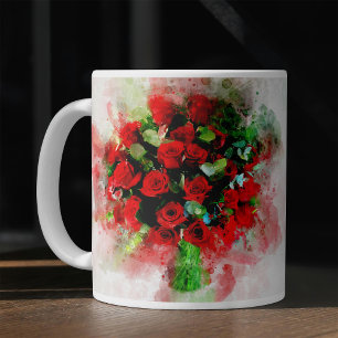 Caneca De Café Buquê de Rosas Vermelhas Aquarela em Fundo Branco