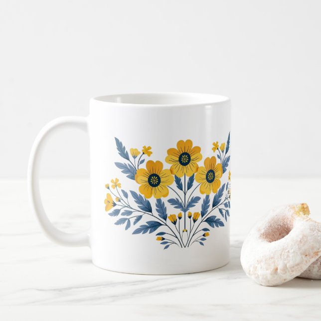 Caneca De Café Buquê Floral Azul e Amarelo (Com Donut)