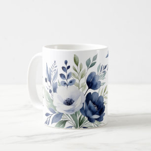 Caneca De Café Buquê Floral Branco e Azul de Aquarela