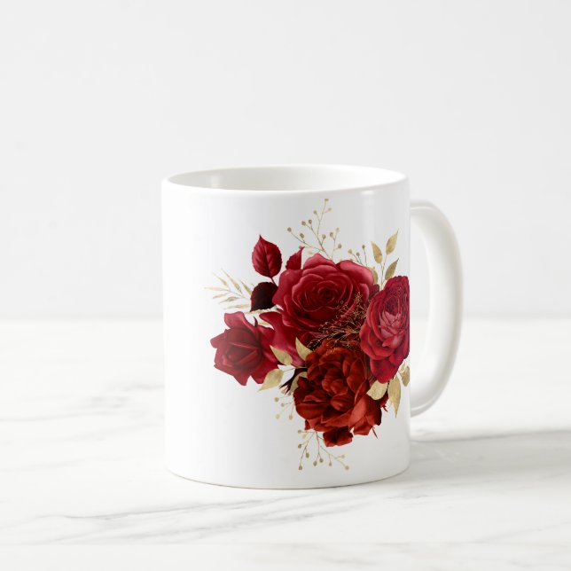 Caneca De Café Buquê Floral Dourada Elegante Rosa vermelha (Frente Esquerda)