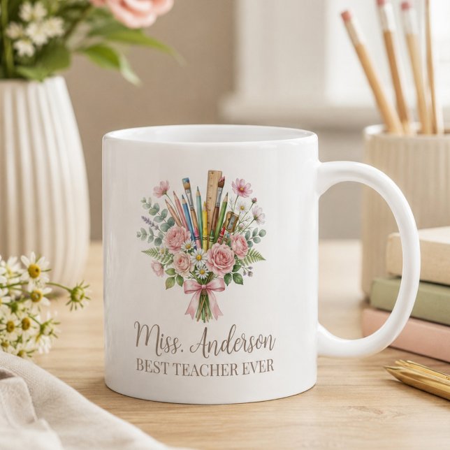 Caneca De Café Buquê Floral Personalizado Melhor Professor  (Criador carregado)