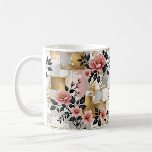 Caneca De Café Buquês Florais Rosa nos Quadrados Dourados e Branc