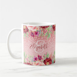 Caneca De Café Burgundy Floral Rosa Dourado Glitter Personalizado