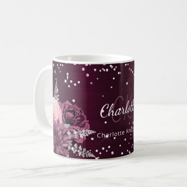 Caneca De Café Burgundy florals elegante nome do monograma (Frente Esquerda)