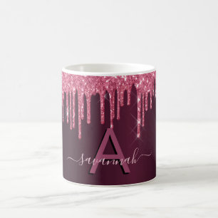 Caneca De Café Burgundy glitter goteja script monograma