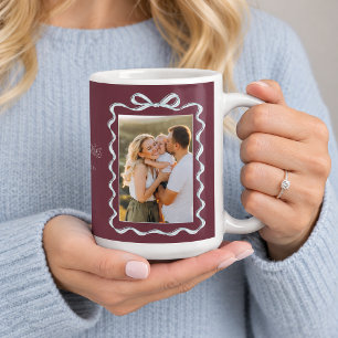 Caneca De Café Burgundy Moldura de Arco Gelo Azul 2 Fotos Natal