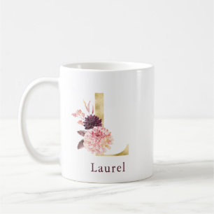 Caneca De Café Burgundy Name e Pink Floral Monograma - Letra L