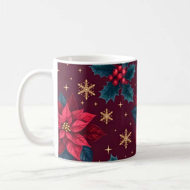 Caneca De Café Burgundy Poinsettia & Gold Snowflake  (Esquerda)