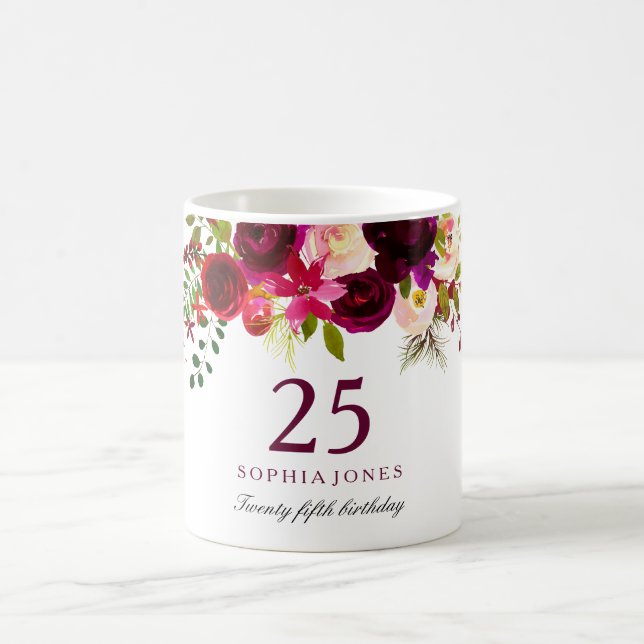 Caneca De Café Burgundy Red Floral Boho 25 Birthday Gift (Centro)