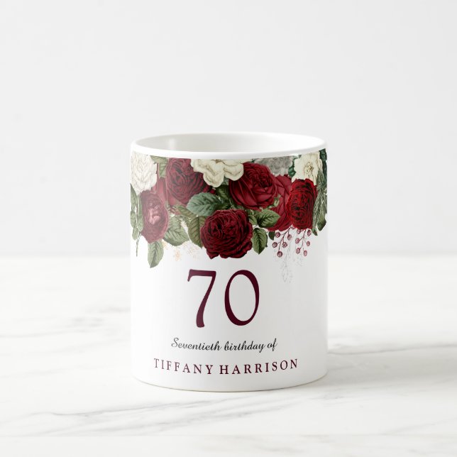 Caneca De Café Burgundy Red White Rose 70 Birthday Favor do Prese (Centro)