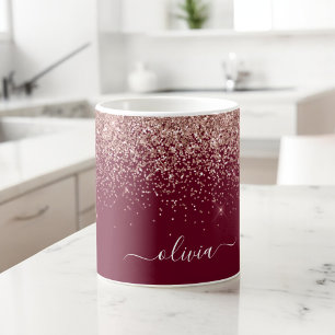 Caneca De Café Burgundy Rosa Bege Dourado Brilho Monograma